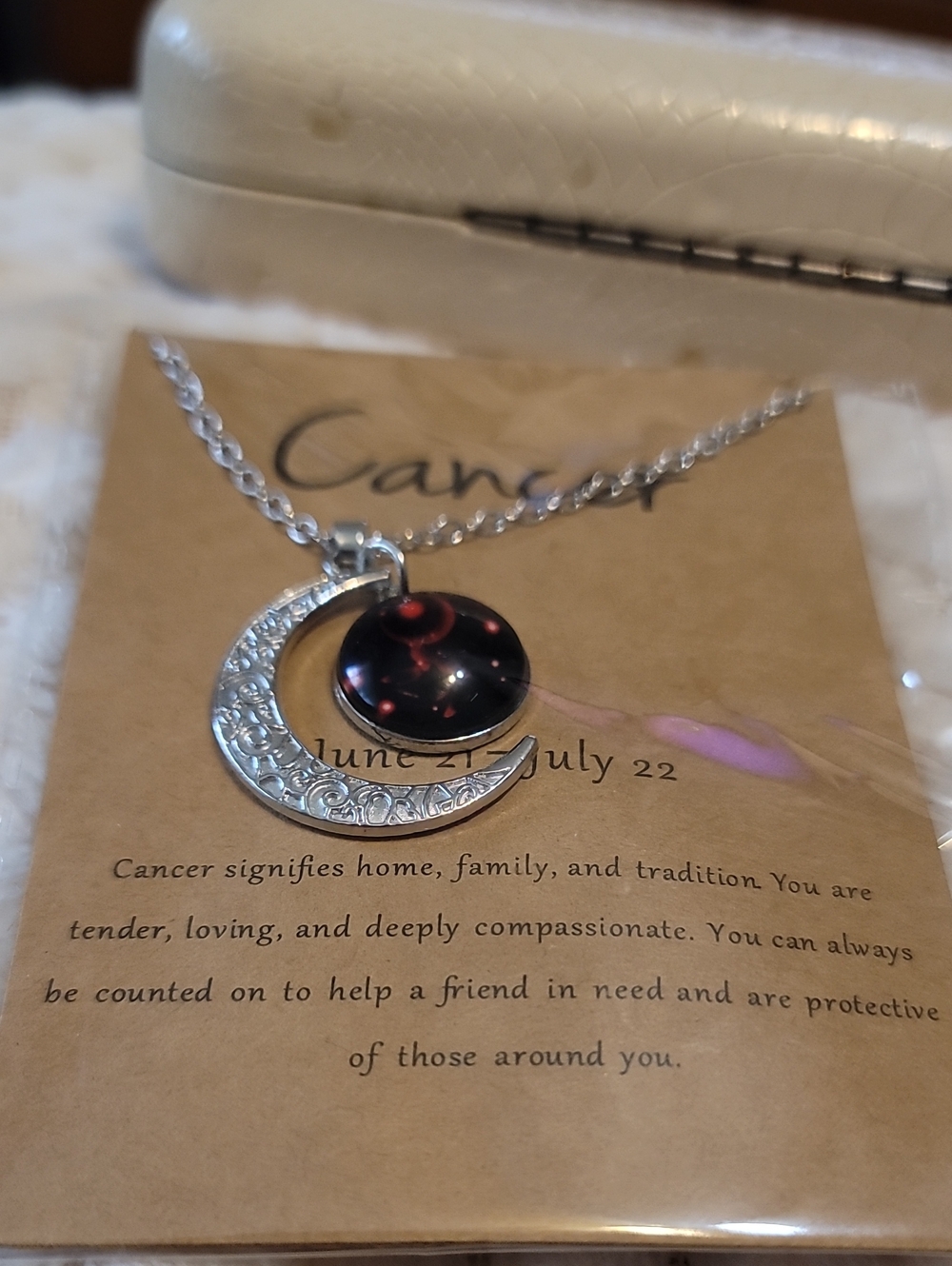 Silvery Crescent Moon Necklace with Black & Red Galaxy Pendant - Cancer